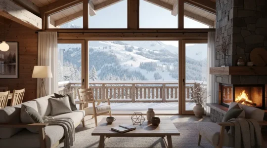 Intérieur spacieux chalet prestige Courchevel avec baie vitrée panoramique sur sommets enneigés